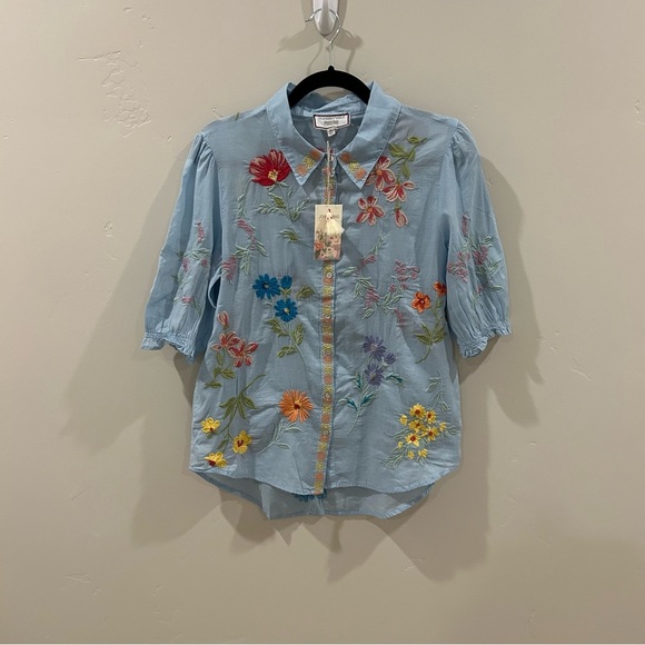 Women’s Johnny Was Evangeline Smocked Shirt, Blue, Small - Picture 2 of 6